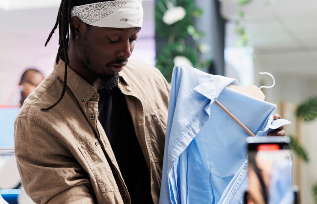 A person is holding a light blue shirt on a hanger, examining it closely. The individual is wearing a beige jacket and a white bandana. The background shows an indoor setting with some greenery and blurred figures.