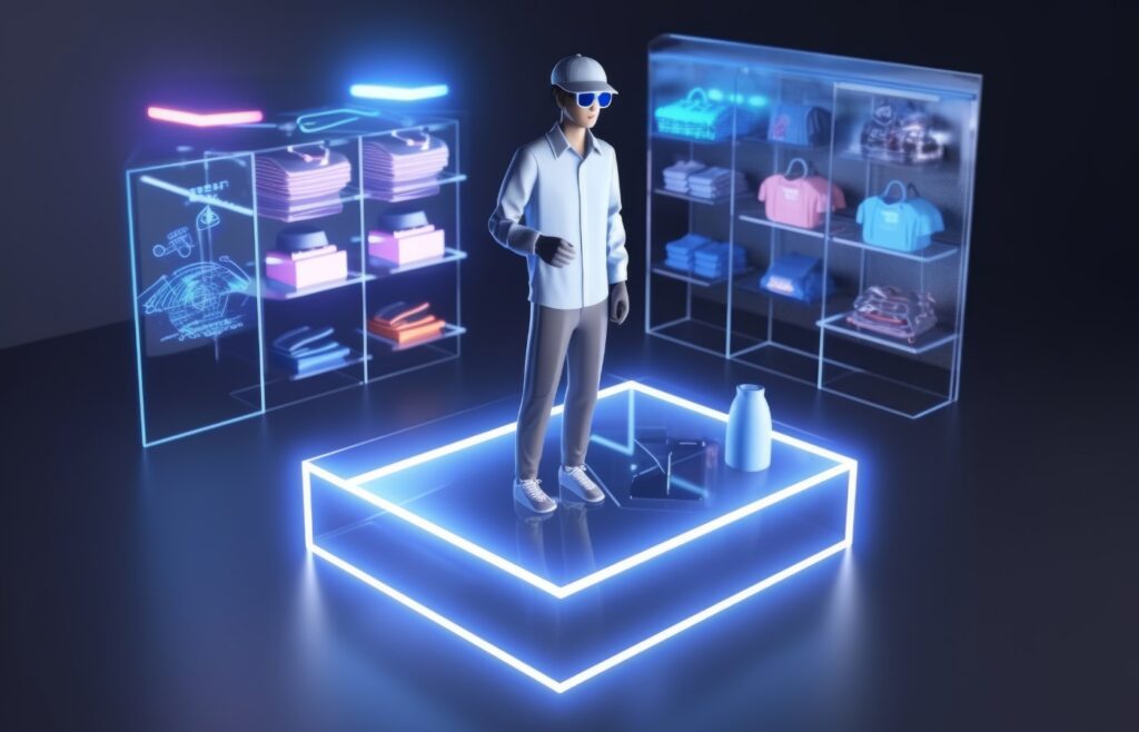 AI Match Shoes to Clothes, the image depicts a futuristic, neon-lit environment where a person stands on a glowing platform. The person is wearing a white shirt, gray pants, and white shoes, and is holding a smartphone. Surrounding the individual are shelves filled with various items, including bags, boxes, and other objects, all illuminated by neon lights. The overall scene has a high-tech, aesthetic.