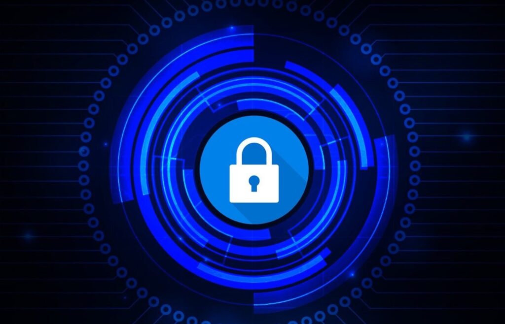 This image depicts a digital representation of cybersecurity and data protection. At the center, there is a padlock icon, symbolizing secure access and encryption. Surrounding the padlock is a circular pattern of concentric rings, representing layers of protection and digital security. The use of blue tones and geometric shapes conveys a sense of technology and modernity. The overall design emphasizes the importance of safeguarding information and maintaining privacy in the digital age.