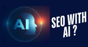The image features a silhouette of a human head with the letters "AI" inside it, surrounded by a circular pattern of dots. The background is dark blue, and the text "SEO WITH AI?" is prominently displayed on the right side in white. The image suggests a discussion or exploration of how artificial intelligence can be integrated into search engine optimization (SEO).