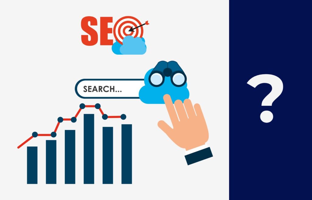 This image illustrates the concept of Search Engine Optimization (SEO). It features a hand using a magnifying glass to search for information within a cloud, symbolizing the vast and complex digital landscape. The magnifying glass represents the act of searching for relevant content using search engines. The word "SEARCH..." is displayed in a search bar, emphasizing the importance of targeted searches. Above the search bar, the term "SEO" is prominently displayed, with a target icon and a red arrow, indicating the focus on optimizing content to improve search engine rankings. To the left, there is a bar graph with an upward trend, representing the increase in website traffic and engagement through effective SEO strategies. The overall message is that SEO is crucial for navigating and optimizing the digital space to achieve better visibility and results.