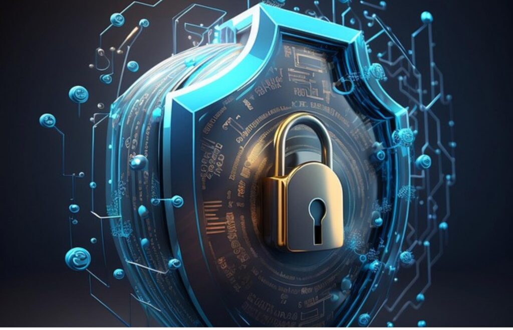 This image depicts a shield with a padlock symbolizing cybersecurity and data protection. The shield is surrounded by intricate digital circuitry and blue spheres, representing the interconnected nature of technology and security. The padlock is central and prominently displayed, emphasizing the importance of securing digital information. The overall design conveys a sense of protection and vigilance in the face of cyber threats.