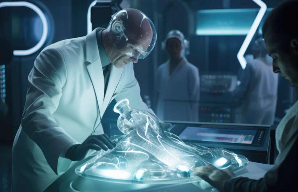 The image depicts a futuristic laboratory setting where a scientist is working with a transparent, glowing, human-like figure. The scientist is wearing a white lab coat and a helmet equipped with sensors, indicating advanced technology. The figure appears to be a humanoid model, possibly used for research or testing purposes. The lab is equipped with high-tech machinery and screens displaying data, suggesting a focus on scientific experimentation and innovation. The overall atmosphere is one of advanced technology and meticulous scientific work.