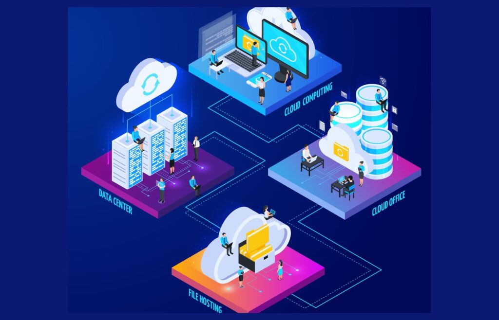 cloud computing role in edge ai, The image depicts a cloud computing system with three key components: a data center, a cloud computing center, and a file repository. It uses vibrant colors and isometric graphics to illustrate their interconnected functionality, showing servers, cloud services, and file access.