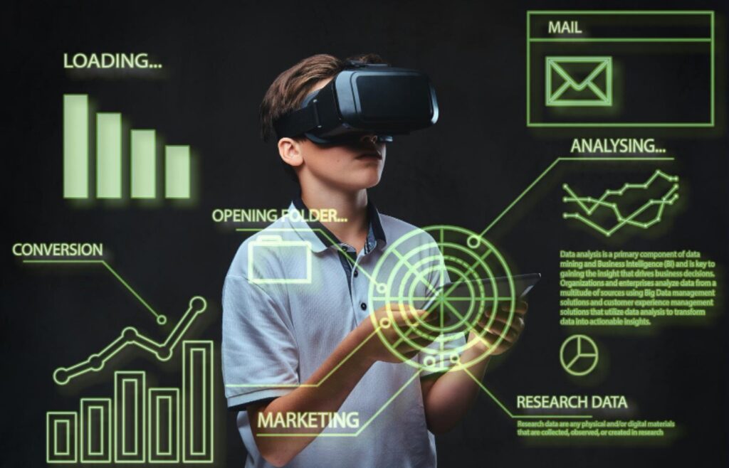 The image depicts a person wearing a virtual reality (VR) headset, interacting with a digital interface that includes various data visualization elements. The interface features graphs, charts, and other data representations related to marketing, conversion, opening rates, and analysis. The person is holding a device, possibly a tablet, and appears to be engaged in a virtual environment where they can access and analyze data.